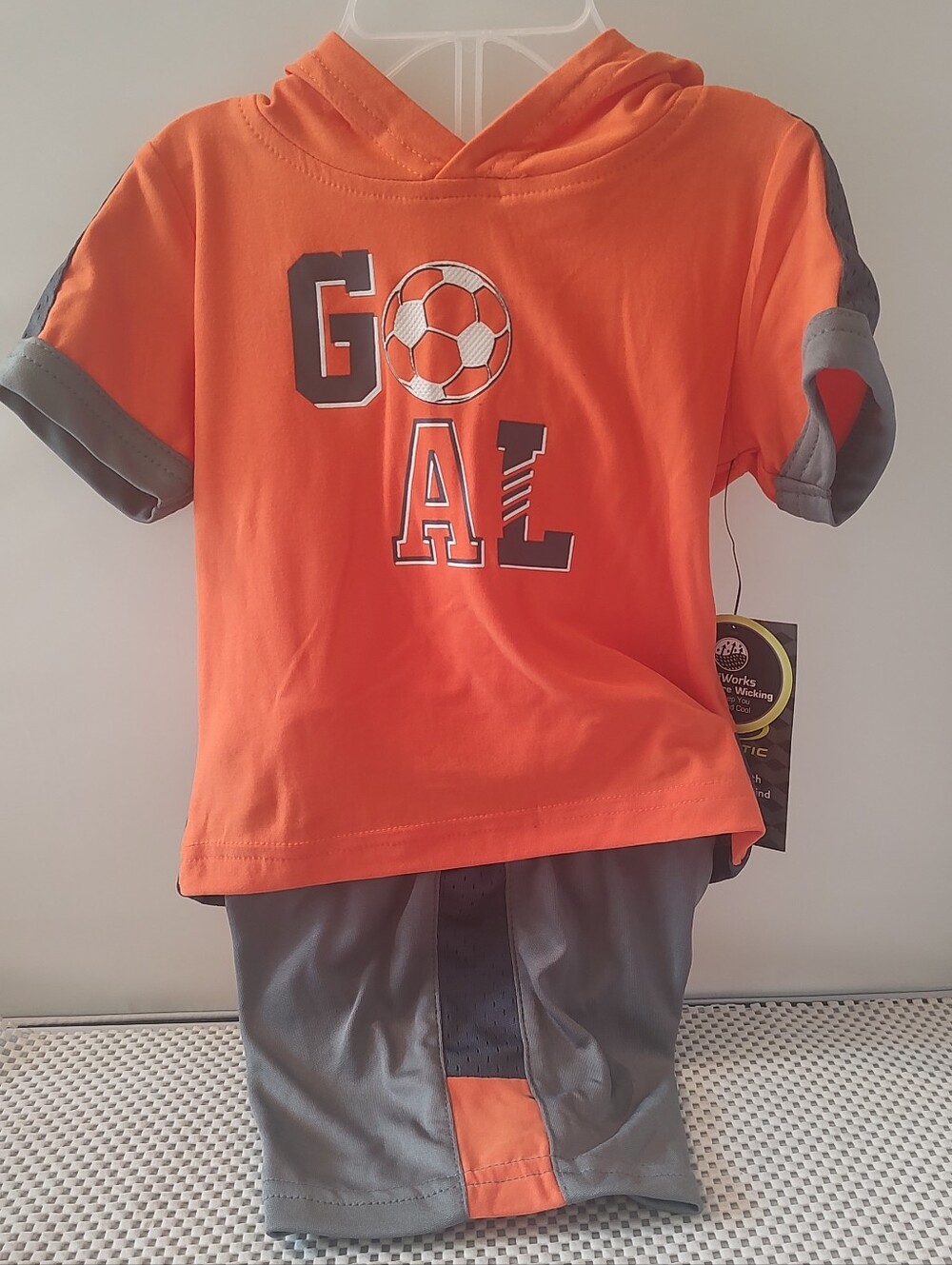 Baby Boys 6-9 Months Top with Hood Shorts Soccer Orange/Gray NWT Athletic Works